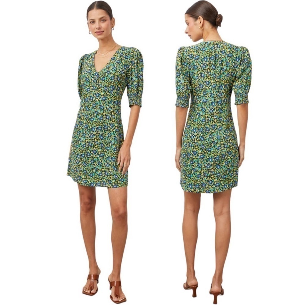 Rails Roma V Neck Short Puff Sleeve Abstract Floral Garden Print Mini Dress NEW